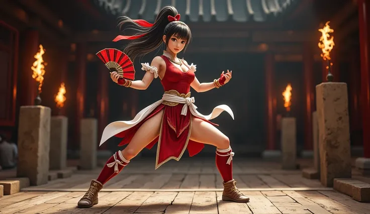 Ultra-realistic scene of Mai Shiranui standing in a traditional combat arena, illuminated by flickering torches on stone pillars. The arena floor is made of worn wooden planks, with faint scratches and signs of previous battles. Mai wears her iconic red an...