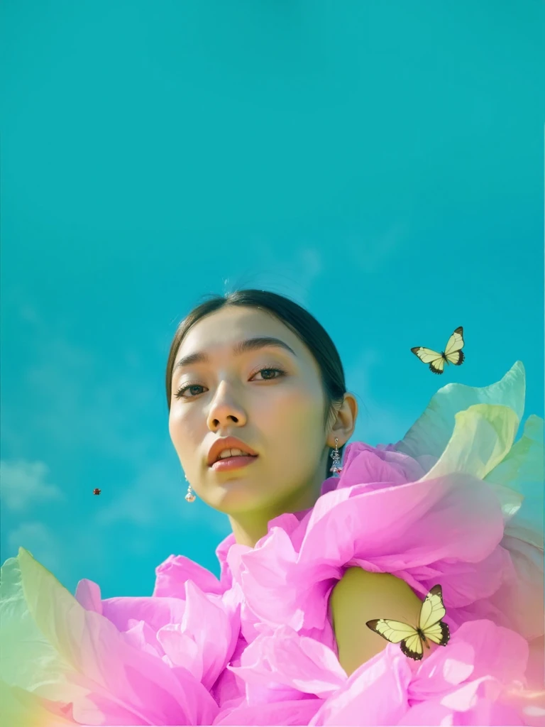 1girl, solo, looking_at_viewer, brown_hair, black_hair, dress, brown_eyes, jewelry, flower, earrings, parted_lips, sky, teeth, blue_sky, lips, blue_background, bug, butterfly, pink_flower, realistic, nose, yellow_butterfly