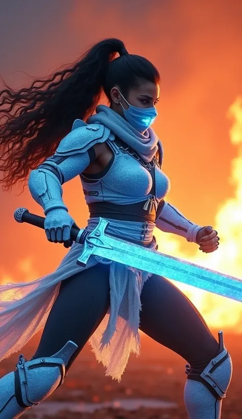 In a cinematic Cowboy Shot framing, uma Ninja Sub-zero, with ice, From the game Mortal Combat ,  with a sub-zero ninja mask , Covering her mouth and nose ,  a majestic muscular warrior ,  wears an ice-blue core-style armored ninja robot, strong player,  he...