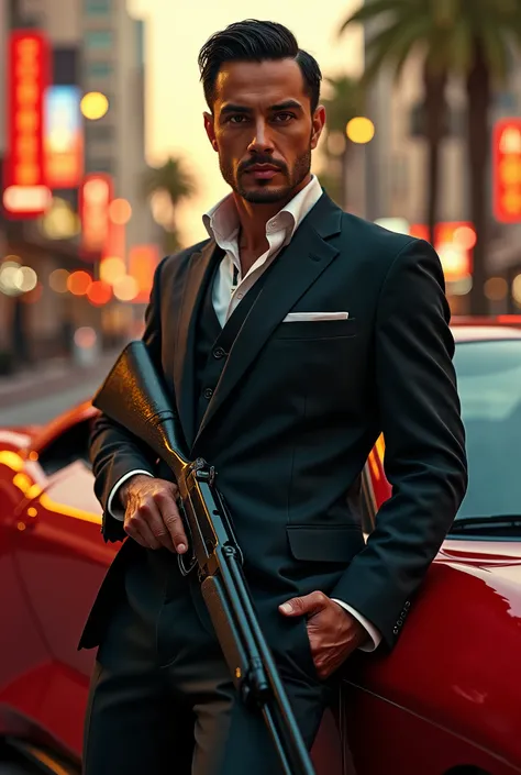 a Latino bounty hunter wearing a Tom Ford tailored three-piece suit, leaning on the side of a Ferrari sports car in Los Angeles, detailed face, beautiful eyes, detailed hands, holding a pump-action shotgun, trealistic, photorealistic, 8k, high quality, mas...