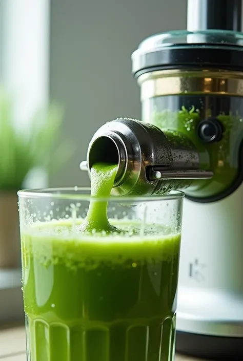 Close-up of the juicer.Nutri Barley Juice leaves being  process