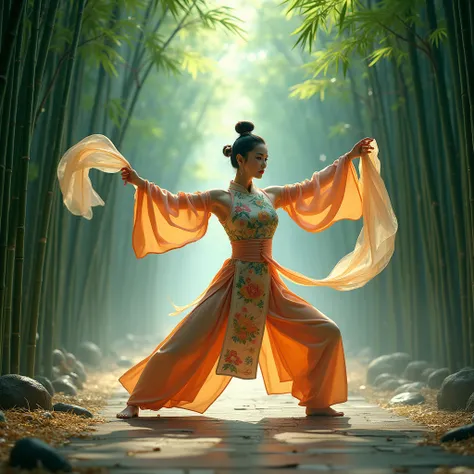 A girl in Chinese costume is dancing martial arts with a silk cloth in a bamboo forest.