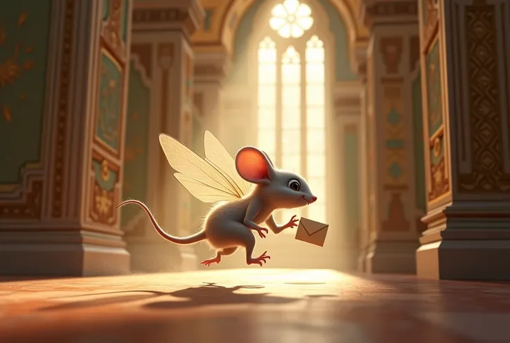 The mouse fairy is running down the hall with a letter