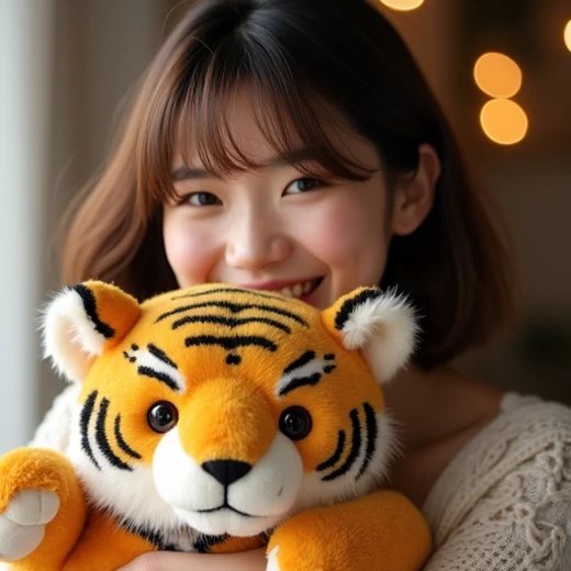 Brown Hair, adult woman,Embrace a stuffed tiger, happiness/joy, Grin,  1 woman,  hair hanging over shoulders ,  deco bangs,   gentle colors,  background blur ,  glitter effect ,  bob hair,  portrait photo , 