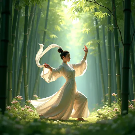 A girl in Chinese costume is dancing martial arts with a silk cloth in a vast bamboo forest, surrounded by bamboo bushes and flowers, vivid and sharp image, 3D lighting effect