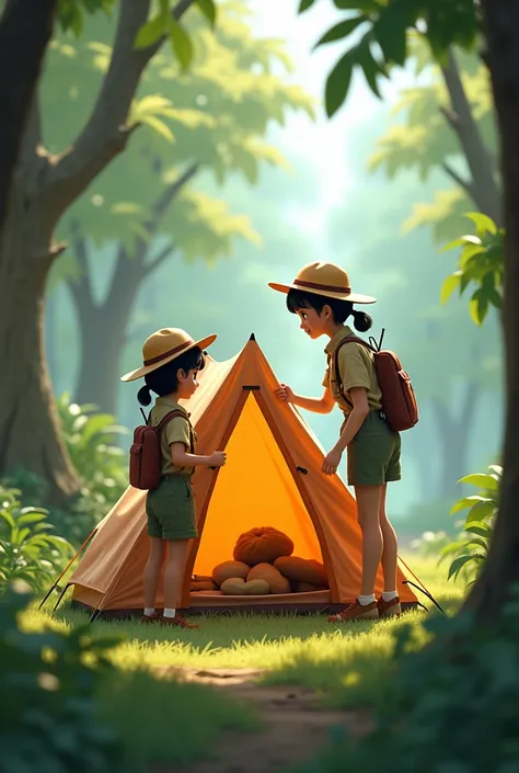 Kaysha ,  an indonesian girl dressed as a  scout, set up a tent with her friends friend  