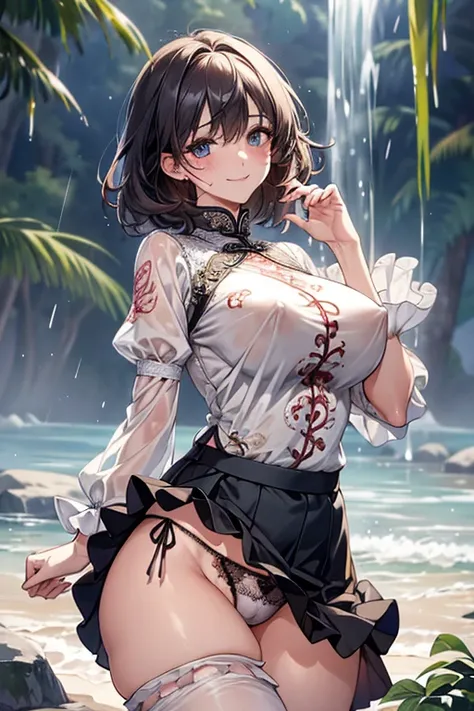 8k、 best quality 、MAXIMUM CLARITY  、  very detailed、Beautiful art、  very detailed、  biologically correct body  、maternal、 super big boobs 、(((   luxurious ruffled and delicately embroidered lace panties that show through the skin through wet clothes)))、 hi...