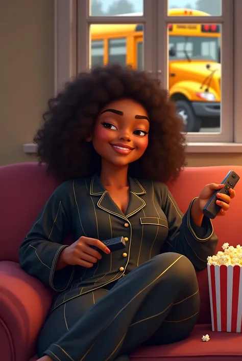 Create a hyperrealistic cartoon of a African American woman with honey colored, wearing oversized black pajamas with thin gold stripes. She has medium length dark brown coiled hair, and is smiling and sleepy eyes. One hand holds a remote control, and she i...