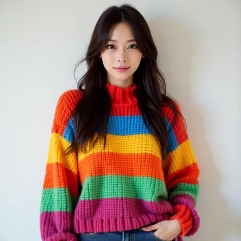 A stunning East-Asian fashion model posing gracefully for a professional photograph, wearing a chunky knit sweater with vibrant colors. She stands against a minimalistic backdrop, emphasizing the lively colors of her sweater.

The model has long, wavy blac...