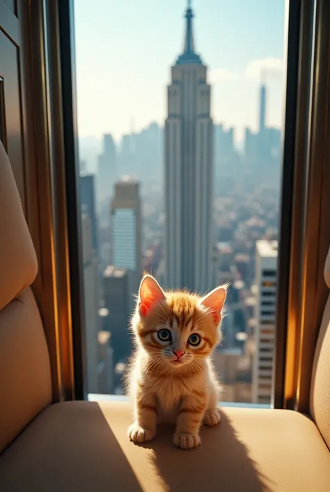 The cute baby cat came in to lift room and lift going up of the new york highest building, at the time cat on wall of highest building of new york