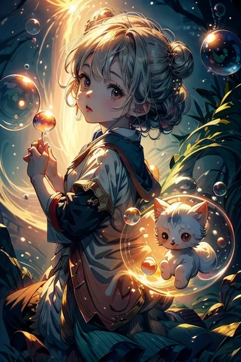 Baby kitsuneが魔法のCaneでMagical bubblesを作り出している,Chibi character,cute, (​masterpiece:1.2),top-quality,​masterpiece, high definition ,original, very detailed wallpaper , perfect little ,( highly detailed CG :1.2)、((Magical bubbles:1.5)),Cane,, (​masterpiece:1.2...