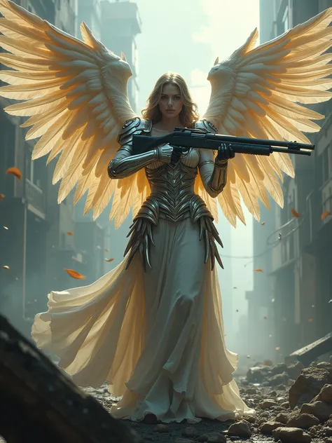 angel with a shotgun in the dystropian world