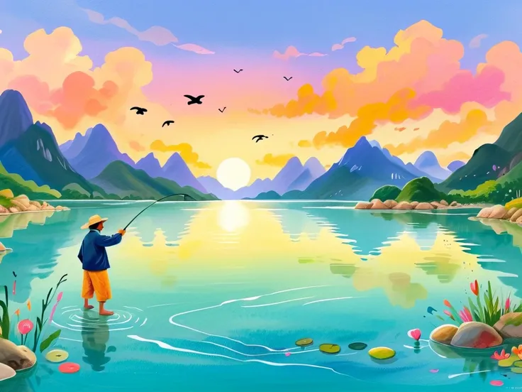  Silhouette of a fisherman throwing a fishing line in the water at sunset ,  There is a mountain in the background, and calm water reflects orange light, Scene drawn in Zhang Dachens style 