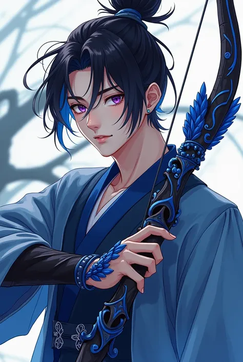 Anime - Stylish image of 25 year old teen wearing blue bow and black blue vintage catcher cuff arrow, Character Portrait Inspired by Sekao Students , Pixiv, new painting, Black Golden Yao , Zhao Yun, Liulian Art Style , Xianxia, Xianxia hero,  Handsome man...