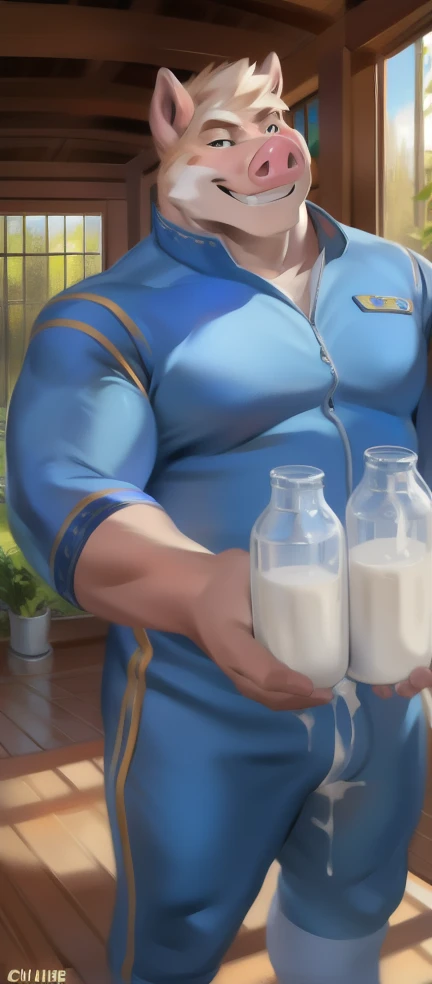 Solo, male, standing, Garden Room,Hold the reproductive organs and massage vigorously until the semen is released into milk and fill a large number of baby milk bottles. pig, blue military spacesuit, overweight, muscular, smirking, by chunie