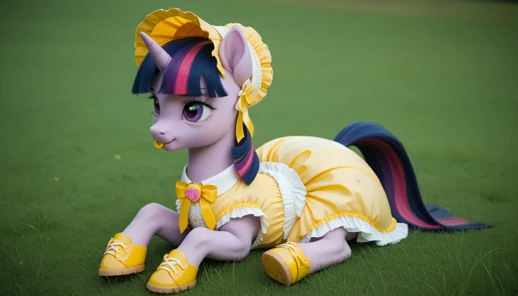 pony unicorn alone ,  Twilight Sparkle, filly , the mane is assembled in a yellow bonnet ,  dark blue tail with a purple strand and a pink strand, purple eyes, sitting outside on the grass, dressed in a yellow bodysuit and yellow booties, yellow pacifier i...