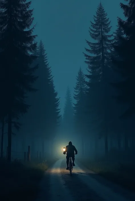 "A dark, eerie village road at night, surrounded by dense trees. A man rides a bicycle with a dim lantern glowing faintly. The scene is silent, with a mysterious and unsettling atmosphere."