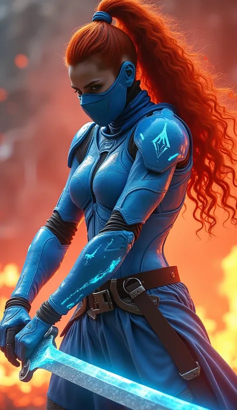 In a cinematic Cowboy Shot framing, uma Ninja Sub-zero, with ice, From the game Mortal Combat ,  with a sub-zero ninja mask , Covering her mouth and nose ,  a majestic muscular warrior ,  wears an ice-blue core-style armored ninja robot, strong player, her...