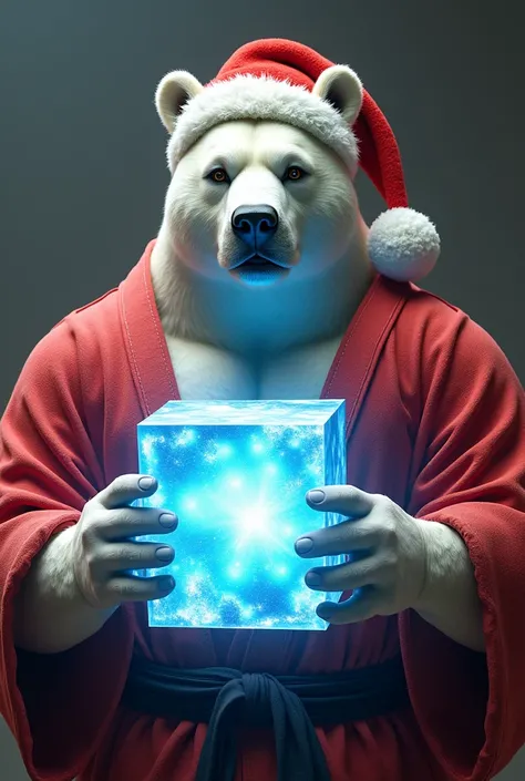 Ryu de street fighters avec une tête d’ours polaire émerveillé. Un bonnet de noël. Un kimono rouge. Tenant dans ses mains devant le torse, un bloc de glace lumineux bleu qui explose 