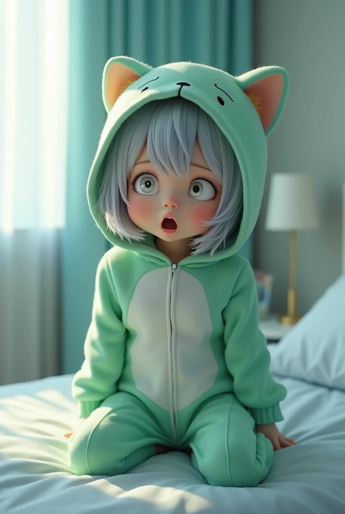   high definition ,  best quality, Gray Hair,hospital, on the bed、 1 girl , 18-year-old girl、Kigurumi pajamas、big hood、 green pajamas、fox ear pajamas 、 3d rendering , Cinematography,White Eyes, Yawning