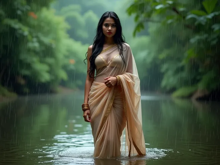 This image showcases a busty and huge curvy ass woman dressed in a sheer transparent saree with no blouse, standing in a shallow body of water. The background is a lush green forest, with heavy rain falling. Details: The womans large breast visible , her w...