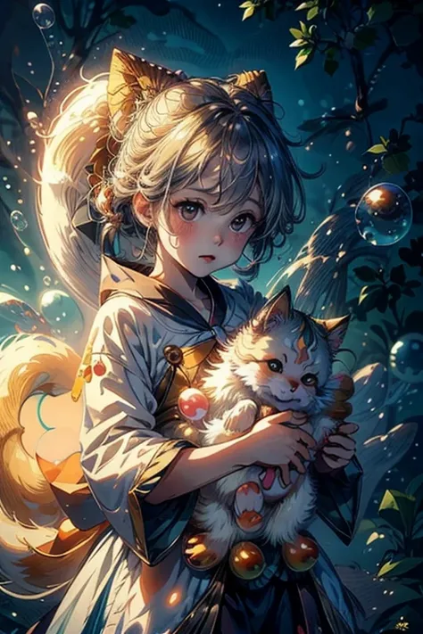 Baby kitsuneが魔法でMagical bubblesを作り出している,Chibi character,cute, (​masterpiece:1.2),top-quality,​masterpiece, high definition ,original, very detailed wallpaper , perfect little ,( highly detailed CG :1.2)、((Magical bubbles:1.5)),rising vortex, (​masterpiece:...