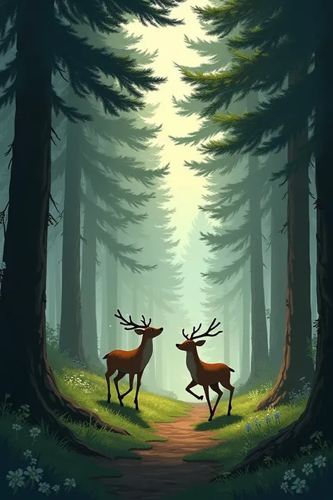 Phone wallpaper with 2 deer playing in a forest with majestic dark pine trees