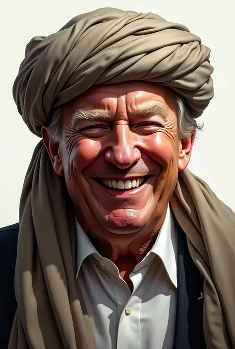 Creat the image of Donald trump wearing Taliban turban laughing 