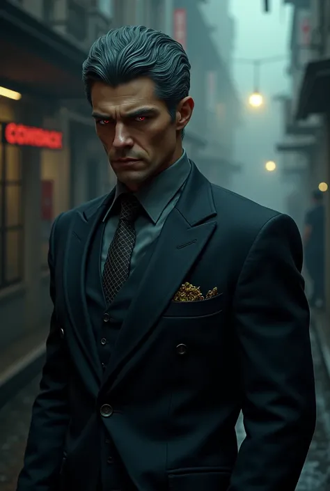 Create a picture of a russian man with a dark grey blue hair with red eyes. Hes a part of a mafia and wears a suit