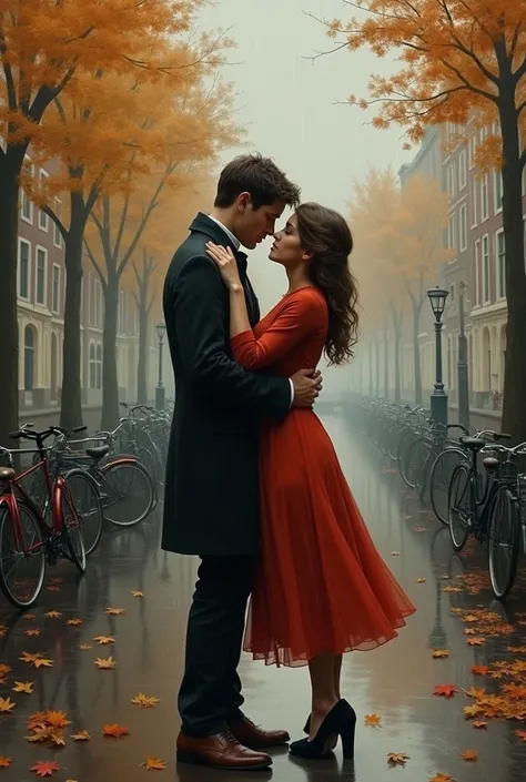 A man and a woman in love separated in autumn in Amsterdam 