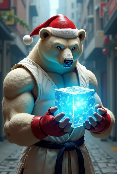 Ryu de street fighters avec une tête d’ours polaire émerveillé. Un bonnet de noël. Tenant dans ses mains devant le torse, un cube de glace lumineux bleu qui explose 