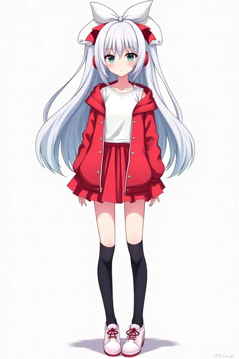 A anime girl with white hair, grey-blue eyes, with white t-shirt, red short jacket, and in red skirt, in black long socks. With red headphones, ribbons on shoes and headphones, white shoes, red tie, white straight hair, big ribbon on back. She stand in ful...