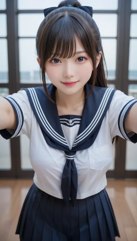 score_9,score_8_up,score_7_up,ultra detailed,absolutely resolution, 32k,masterpiece,best quality,ultra HD quality,detailed beautiful face and eyes,beautiful Japanese girl,Black hair,ponytail,Smile,school uniform,sailor suit,traditional Japanese style with ...