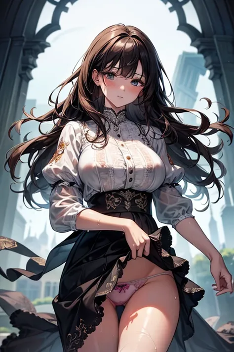 8k、 best quality 、MAXIMUM CLARITY  、  very detailed、Beautiful art、  very detailed、  biologically correct body  、maternal、 super big boobs 、(((   luxurious ruffled and delicately embroidered lace panties that show through the skin through wet clothes)))、 hi...