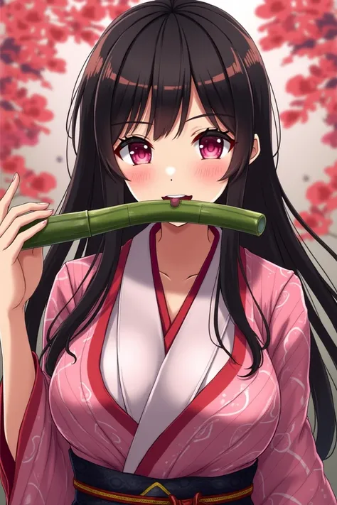 Nezuko Kamado has long dark hair with orange tips, bright big pink eyes, and wears a pink geometric pattern kimono combined with a dark haori. Her signature feature is the bamboo tube she carries in her mouth with her slim body, big fat breasts, big thick ...