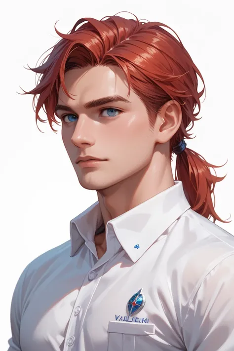 1 man, handsome, tied red hair, low ponytail hair, blue eyes, wearing white polo shirt, masterpiece, high quality, villain look, upper body view, white background