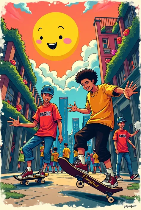 Create a vibrant t-shirt graphic featuring animated characters in a lively urban skate scene. Include a large, cheerful sun in the corner, with exaggerated facial features, and playful graffiti-style text saying Facefirst New York at the top. Depict divers...