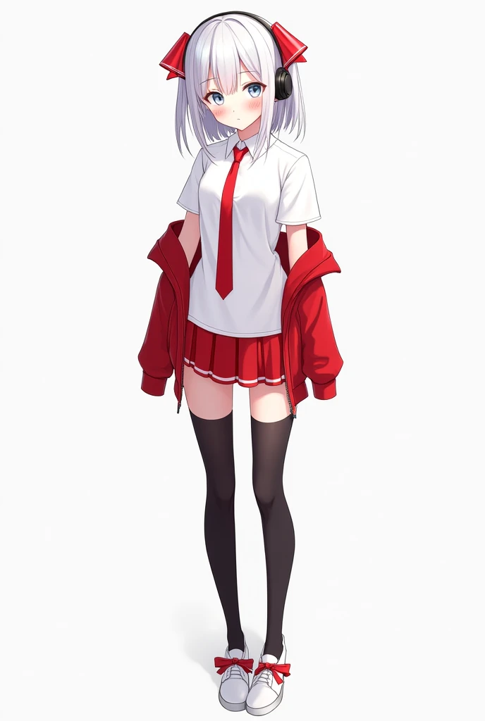 A anime girl with white hair, grey-blue eyes, with white t-shirt, red short jacket, and in red skirt, in black long socks. With red headphones, ribbons on shoes and headphones, white shoes, red tie, white straight hair, ribbons on sleeves. She stand in ful...