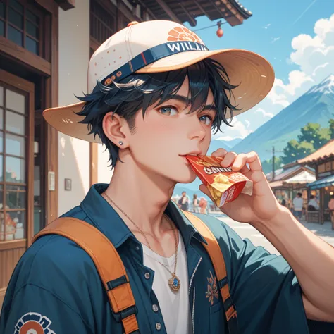 anime japanese boy smashing emotionally caps chips in mountain village