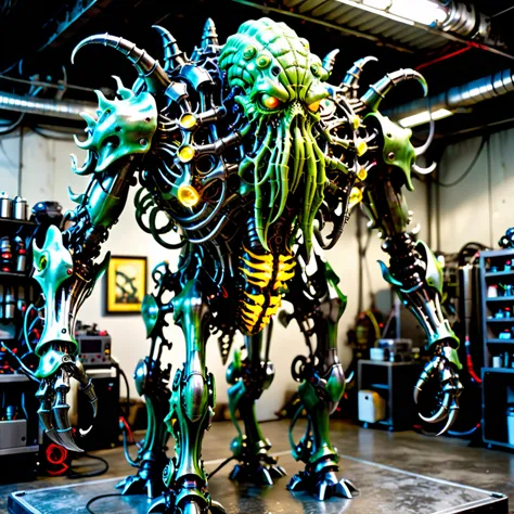 full body images, plastic models, kits of evil monsters, cthulhu mecha, metal tentacles, (((a tank-like lower body))), caterpill...