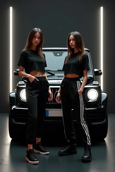 Create a 3d Imagine illusion Of 2 Girls in gangster Pose casually Stand  in a front of G63 in black Colours. Wearing sneakers is Black Shoes and Black T shirt With Black and White Pant. Background" In a Black and White Neon Colour on Black Studio Wall 