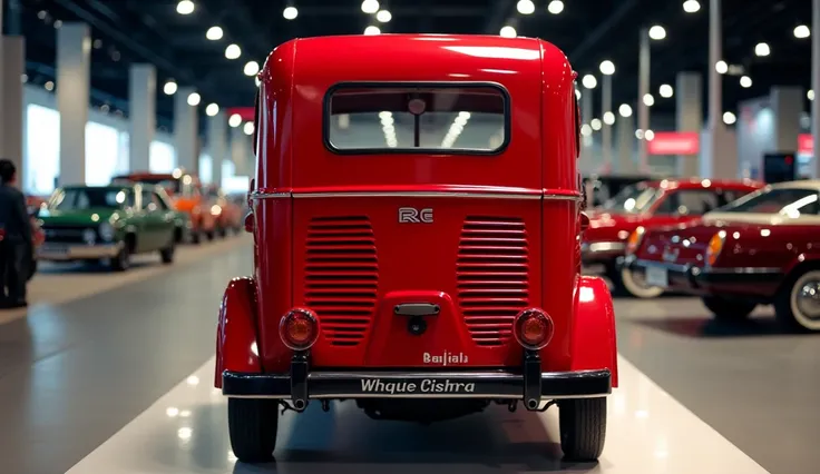 Create A Sleek And Full HD 1970   Bajaj RE Auto Rickshaw Parked In Auto Show back Grill View Shiny red Color