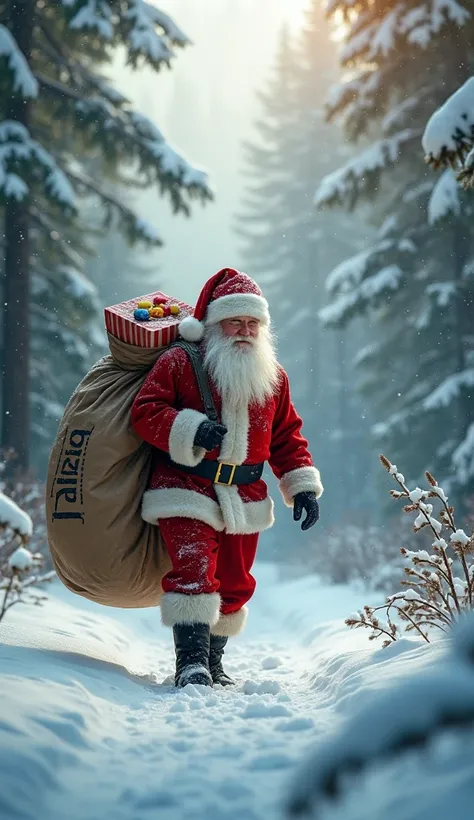 Santa Claus walking through the winter forest, snow falling, holding a large bag with gifts, the bag is inscribed BALIZZA, daylight, the mood is great