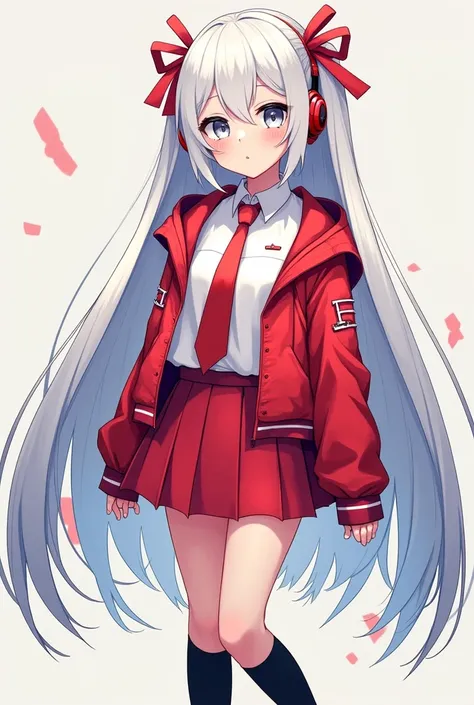 A anime girl with white hair, grey-blue eyes, with white t-shirt, red short jacket, and in red skirt, in black long socks. With red headphones, red ribbons on shoes and headphones, long white shoes, red tie, long white straight hair, red ribbons on sleeves...