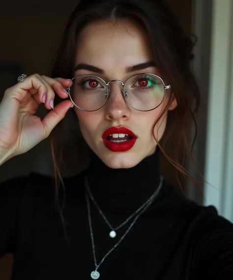 **selfie of an extremelly beautiful young Vampire supermodel, pale skin, Red eyes, Sharp teeths, prominent Romenia facial features showcasing her feminine and unique european beauty, no make up natural beauty, round glasses with metal frame, wearing skinny...