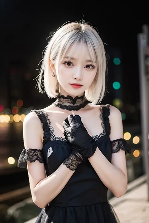  Girl with White Hair ,   wears elegant black hair  , She has gray eyes ,  wears an elegant black tulle lace dress and long gloves, 金のイヤPhosphorescenceグを着けている,Mizuki_Phosphorescence,  close to the sagging of her chest , , 