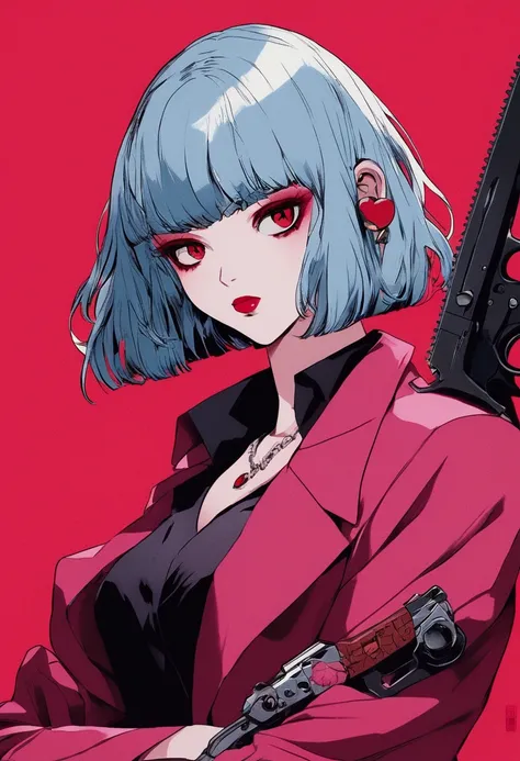  Pink Panther ,  light blue hair ,  girl,( Chainsaw Man ), Crimson Eyes. Dark red lips,  red eyeshadow, pistol,