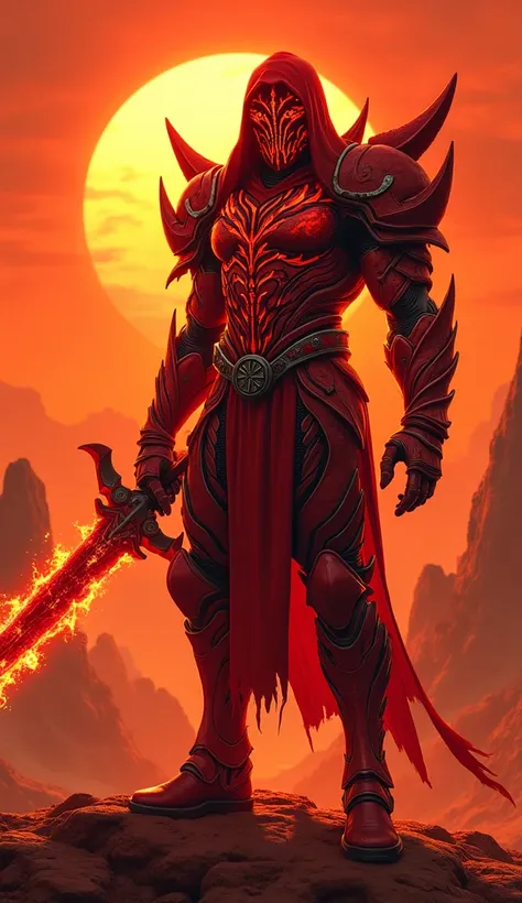 "A red-armored humanoid warrior with glowing lava-like cracks on its body. The armor features sharp, jagged edges and a flaming sword. The background is a fiery Martian landscape with craters and a red sky."

