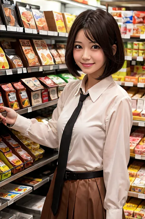 a japanese anime woman is standing in a food store holding food, 1girl, solo, black hair, smile, necktie, belt, short hair, skir...