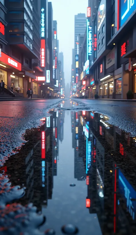 A beautiful and emotional view of a futuristic city reflected in a round puddle on the sidewalk, showcasing realistic details, vibrant colors, and an atmosphere of wonder, cyberpunk, cityscape, reflection, water.